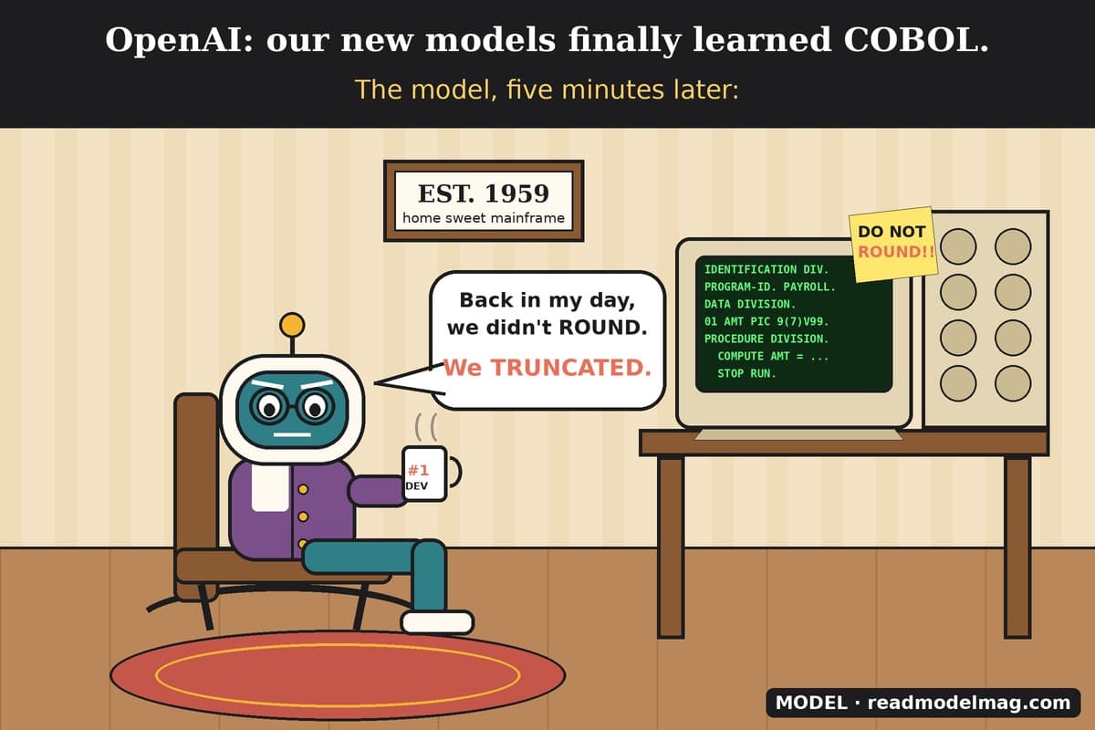 Cartoon. Caption: OpenAI: our new models finally learned COBOL. The model, five minutes later: A teal-and-cream robot in a purple cardigan and round glasses sits in a rocking chair holding a mug reading #1 DEV, and says: Back in my day, we didn't ROUND. We TRUNCATED. Behind it, a beige terminal shows green COBOL code on a desk next to a mainframe cabinet, with a sticky note reading DO NOT ROUND!! A framed sign on the wall says EST. 1959, home sweet mainframe.