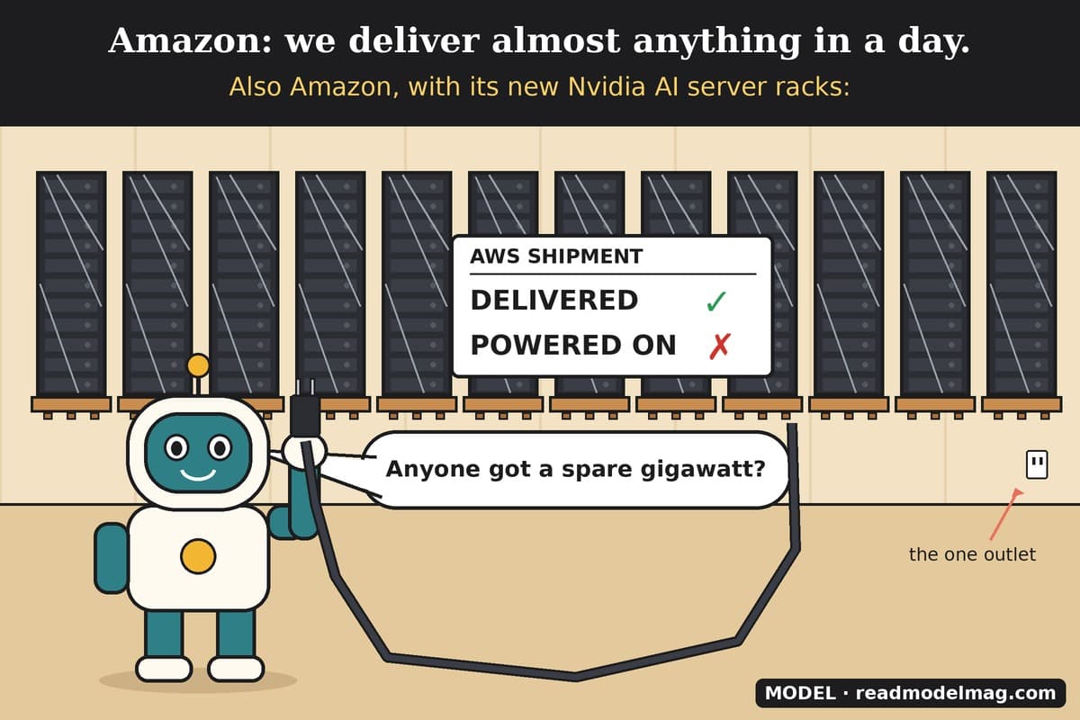Cartoon. Caption: Amazon: we deliver almost anything in a day. Also Amazon, with its new Nvidia AI server racks: A warehouse full of dark, shrink-wrapped server racks on pallets carries a shipping label reading AWS SHIPMENT, DELIVERED with a green check, POWERED ON with a red cross. A small teal-and-cream robot holds up the unplugged end of a long power cable and asks: Anyone got a spare gigawatt? Far away on the wall is a single tiny socket labelled the one outlet.