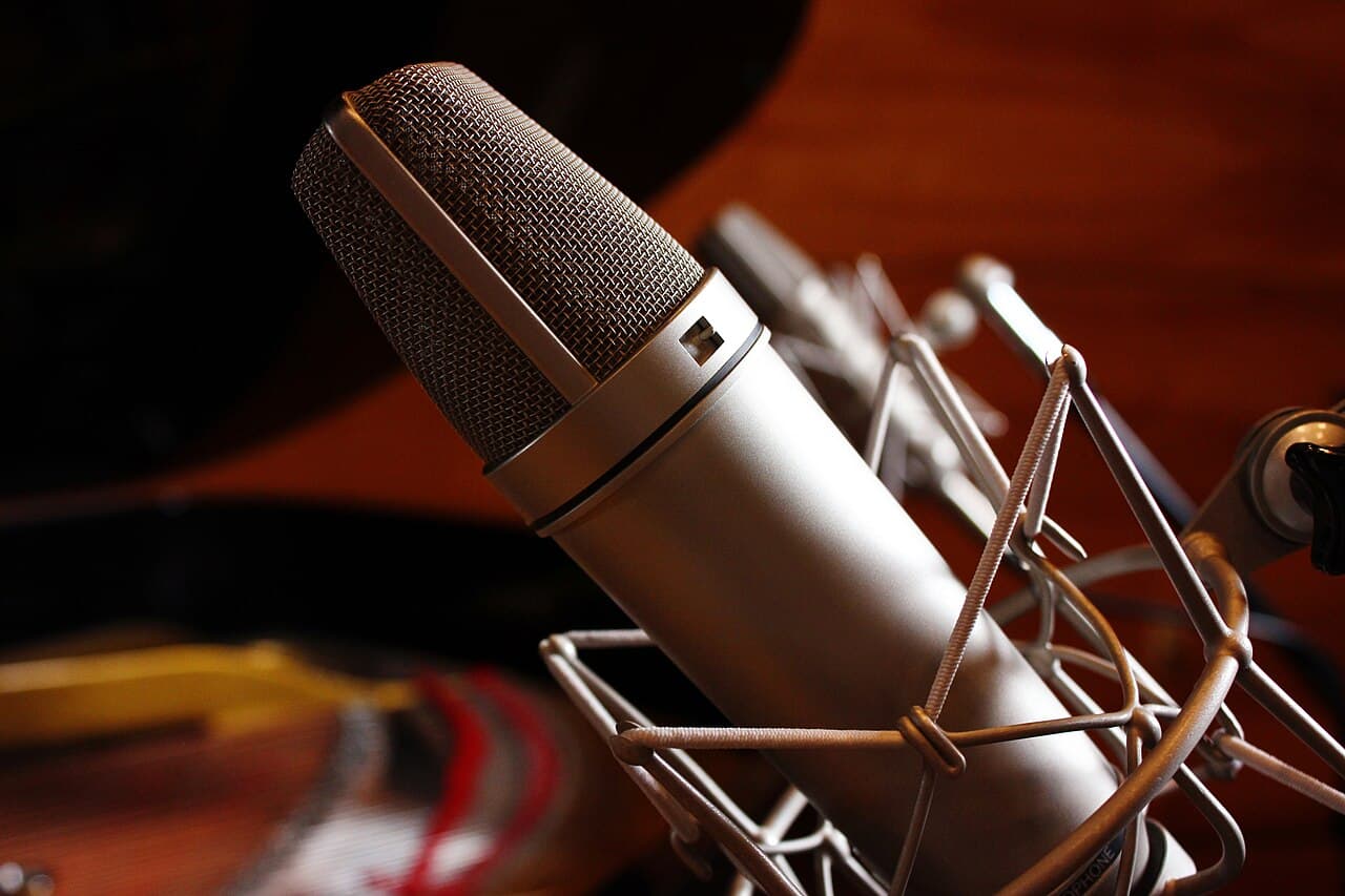 A Neumann U87 condenser microphone in a recording studio.