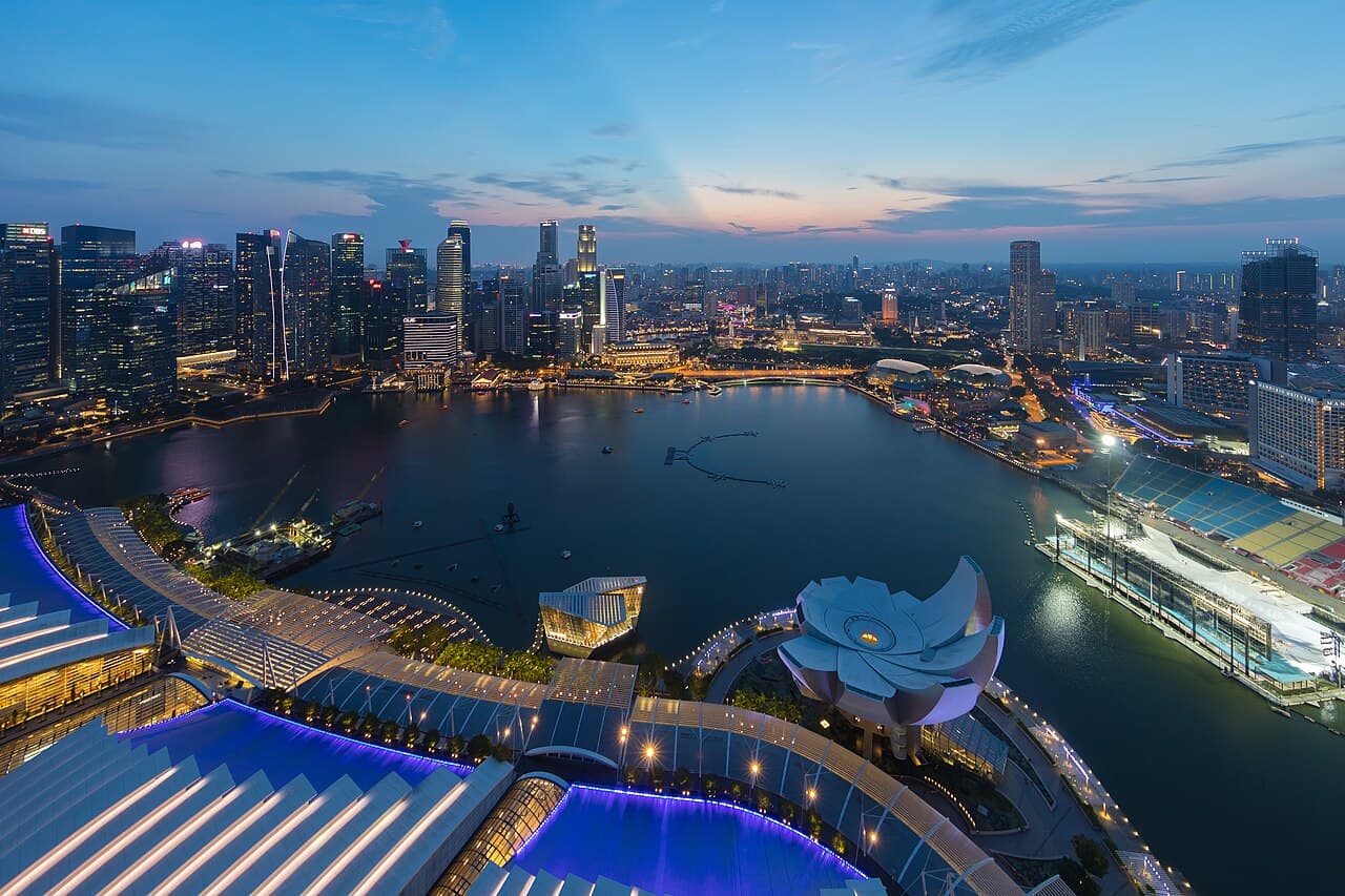Singapore’s central business district skyline at dusk.