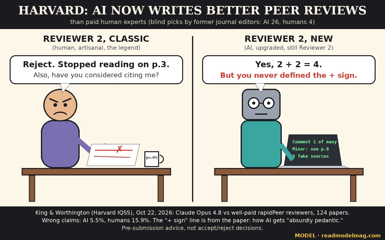Two-panel cartoon titled Harvard: AI now writes better peer reviews than paid human experts (blind picks by former journal editors: AI 26, humans 4). Left panel, Reviewer 2, classic (human, artisanal, the legend): a frowning cartoon reviewer at a desk slashes a paper with a red pen next to a mug reading p<.05 and says: Reject. Stopped reading on p.3. Also, have you considered citing me? Right panel, Reviewer 2, new (AI, upgraded, still Reviewer 2): a calm grey robot in round glasses types on a laptop showing Comment 1 of many, Minor: see p.0, 0 fake sources and says: Yes, 2 + 2 = 4. But you never defined the + sign. Footer: King & Worthington (Harvard IQSS), Oct 22, 2026: Claude Opus 4.8 vs well-paid rapidPeer reviewers, 124 papers. Wrong claims: AI 5.5%, humans 15.9%. The + sign line is from the paper: how AI gets absurdly pedantic. Pre-submission advice, not accept/reject decisions. Watermark: MODEL, readmodelmag.com.