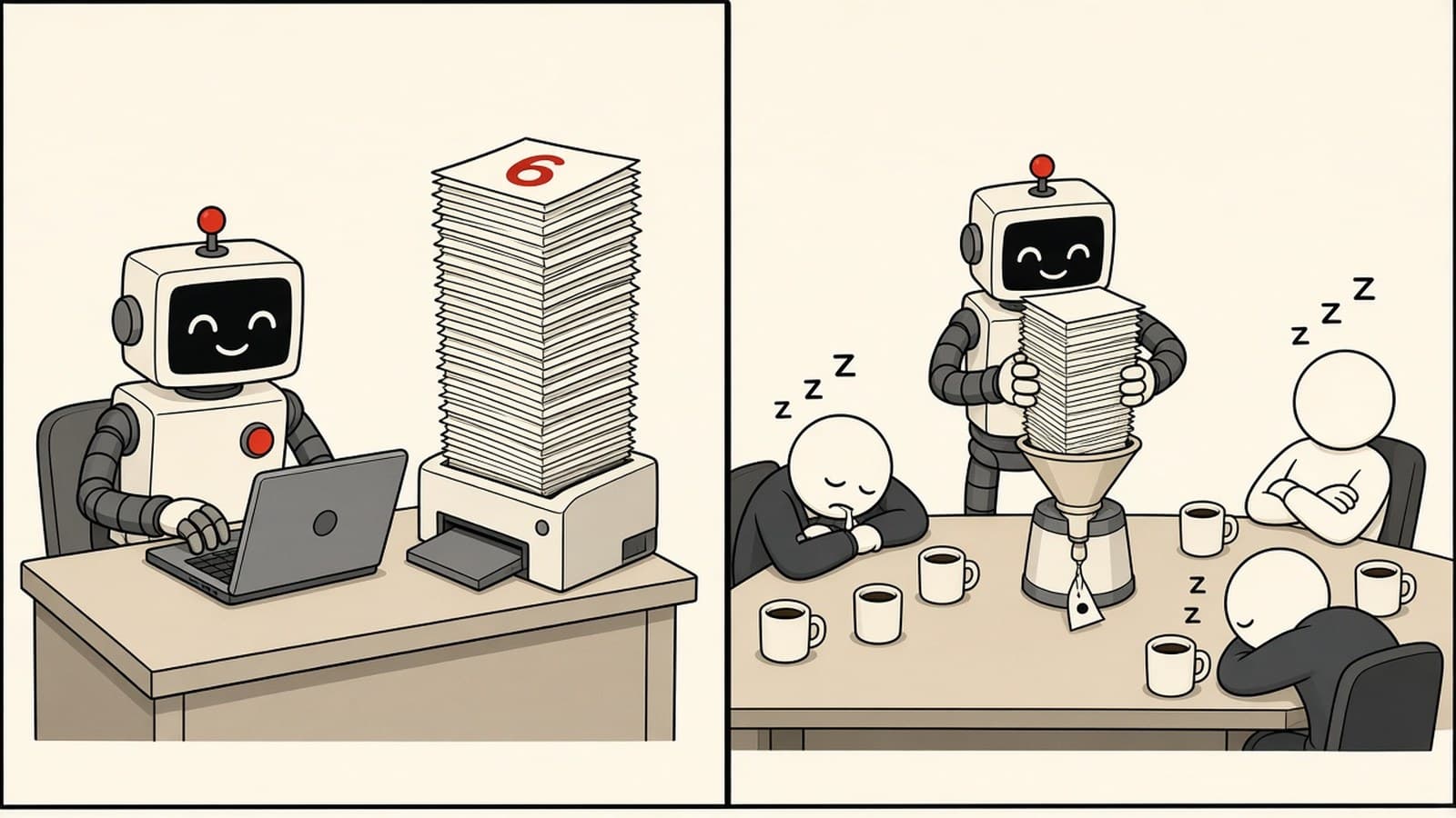 Cartoon: one robot prints a tall stack of paper; a second robot squeezes the stack through a funnel into one tiny scrap while three office workers sleep at a conference table.