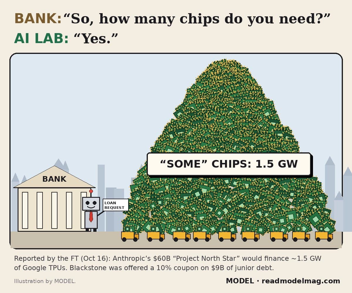 Cartoon: a small robot holding a loan request stands outside a bank next to a mountain of green computer chips labelled "Some" chips: 1.5 GW, with trucks hauling chips at its base. Caption: Bank: So, how many chips do you need? AI lab: Yes.