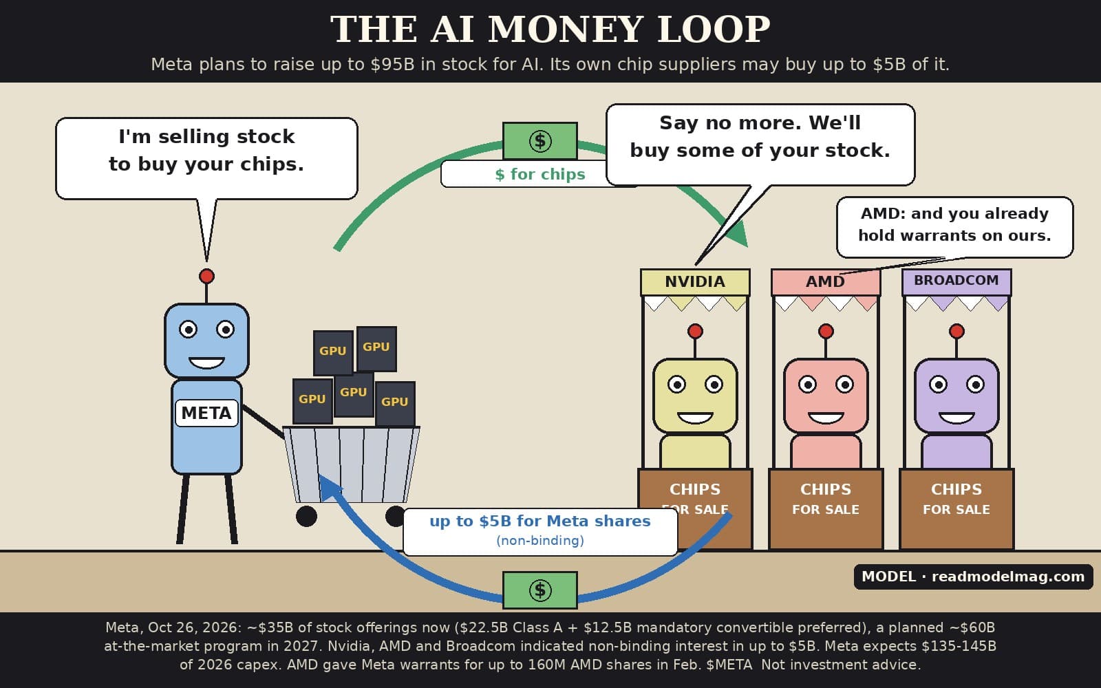 Cartoon titled The AI money loop. Subtitle: Meta plans to raise up to $95B in stock for AI. Its own chip suppliers may buy up to $5B of it. On the left, a blue robot labelled META pushes a shopping cart piled with GPUs and says: I'm selling stock to buy your chips. On the right, three market stalls labelled NVIDIA, AMD and BROADCOM, each with a smiling robot behind a counter reading Chips for sale. They answer: Say no more. We'll buy some of your stock. A note from the AMD robot says: and you already hold warrants on ours. A green arrow with a dollar bill labelled $ for chips runs from Meta to the stalls, and a blue arrow with a dollar bill labelled up to $5B for Meta shares, non-binding, runs back. Footer with the offering figures, $META, and Not investment advice. Watermark: MODEL, readmodelmag.com.