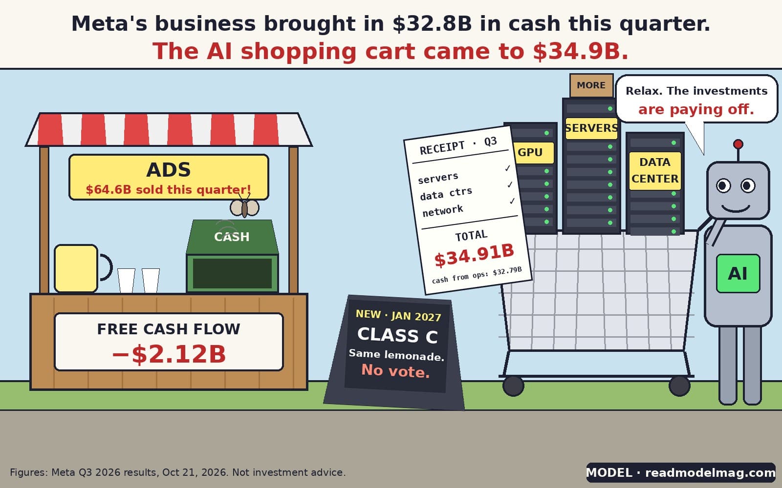 Cartoon. Caption: Meta's business brought in $32.8B in cash this quarter. The AI shopping cart came to $34.9B. On the left, a lemonade stand with a sign reading ADS, $64.6B sold this quarter, has an open, empty cash box with a moth flying out and a counter label reading Free cash flow: minus $2.12B. A sandwich board reads: New, Jan 2027, Class C. Same lemonade. No vote. On the right, a smiling cartoon robot labelled AI pushes a shopping cart piled with racks labelled GPU, Servers and Data center, trailing a receipt: servers, data centers, network, total $34.91B, cash from ops $32.79B. The robot says: Relax. The investments are paying off. Footer: Figures from Meta Q3 2026 results, Oct 21, 2026. Not investment advice.